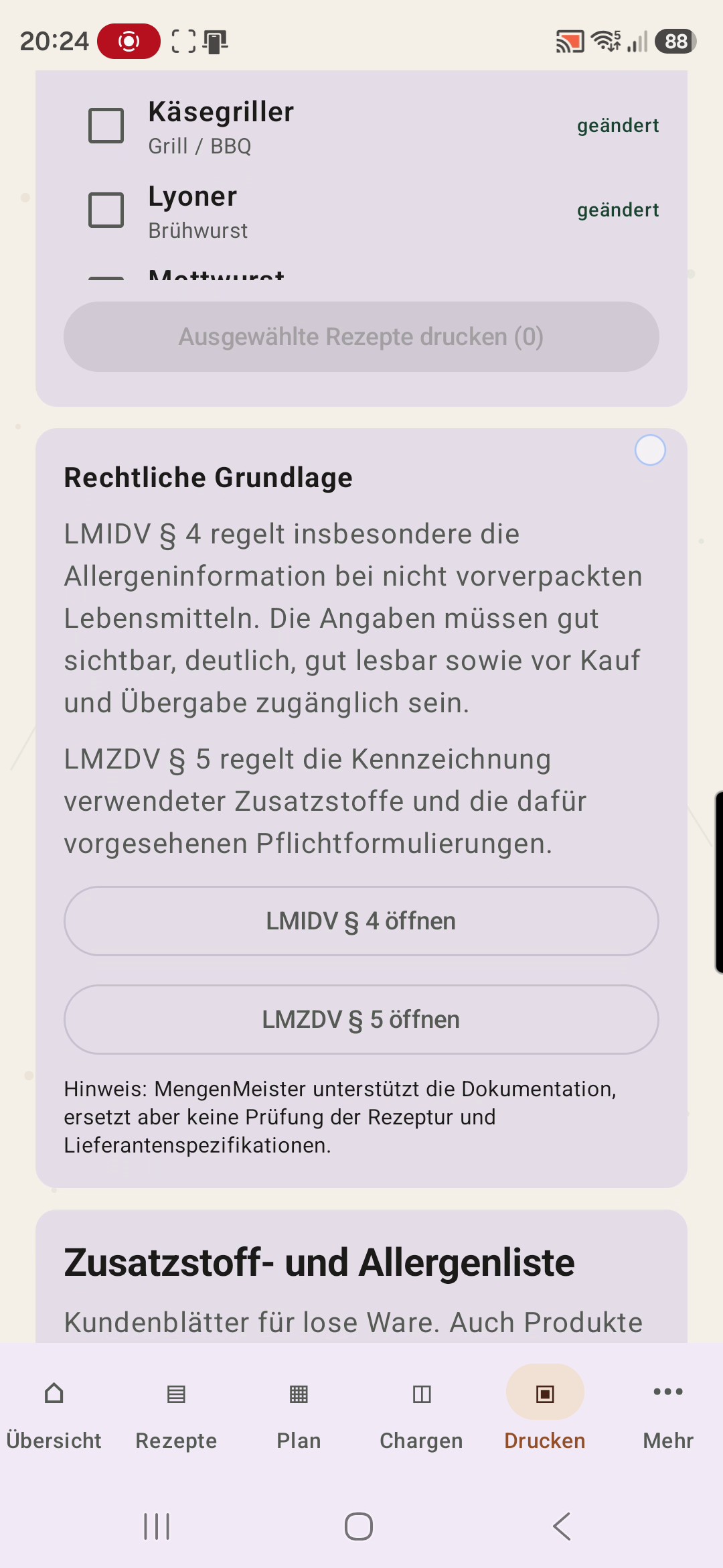 Druckauswahl für Rezeptblätter und Zusatzstofflisten