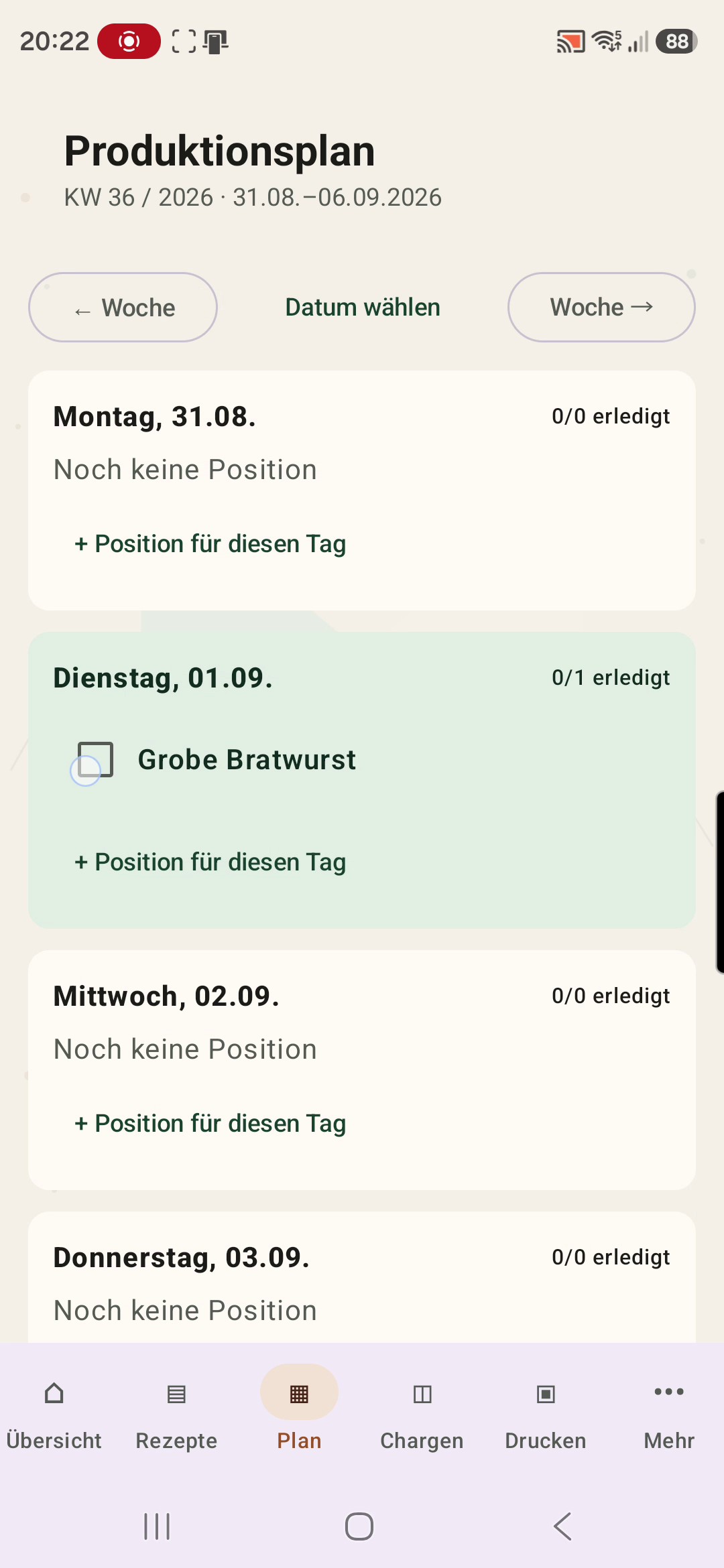 Wochenansicht des Produktionsplans in Mengenmeister
